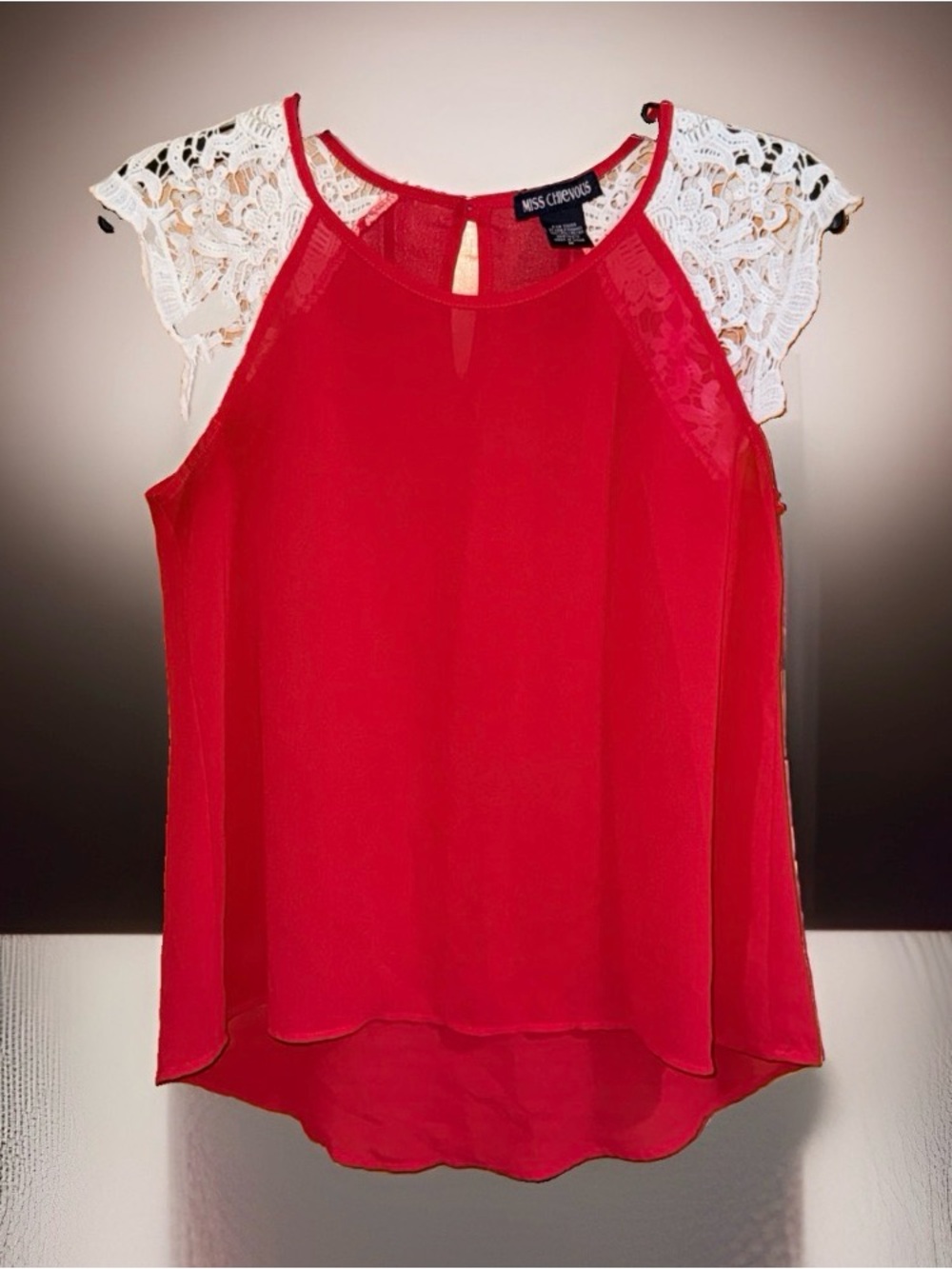 Miss Chievous Red Lace Sleeve Sheer Chiffon Tank Top-M-EC
